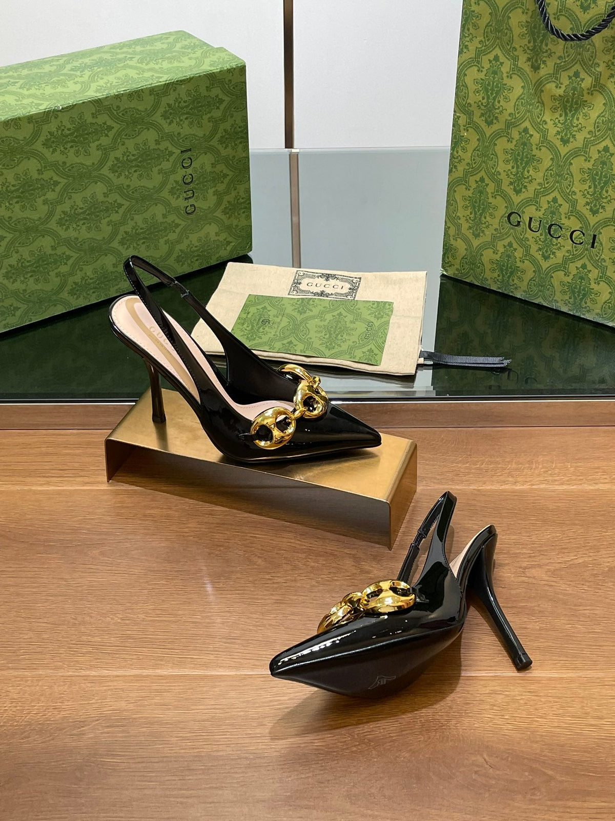 GG HIGH SLINGBACK 10.5 CM IN BLACK GLOSSY CALFSKIN