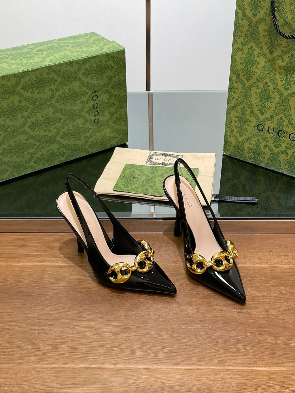 GG HIGH SLINGBACK 10.5 CM IN BLACK GLOSSY CALFSKIN