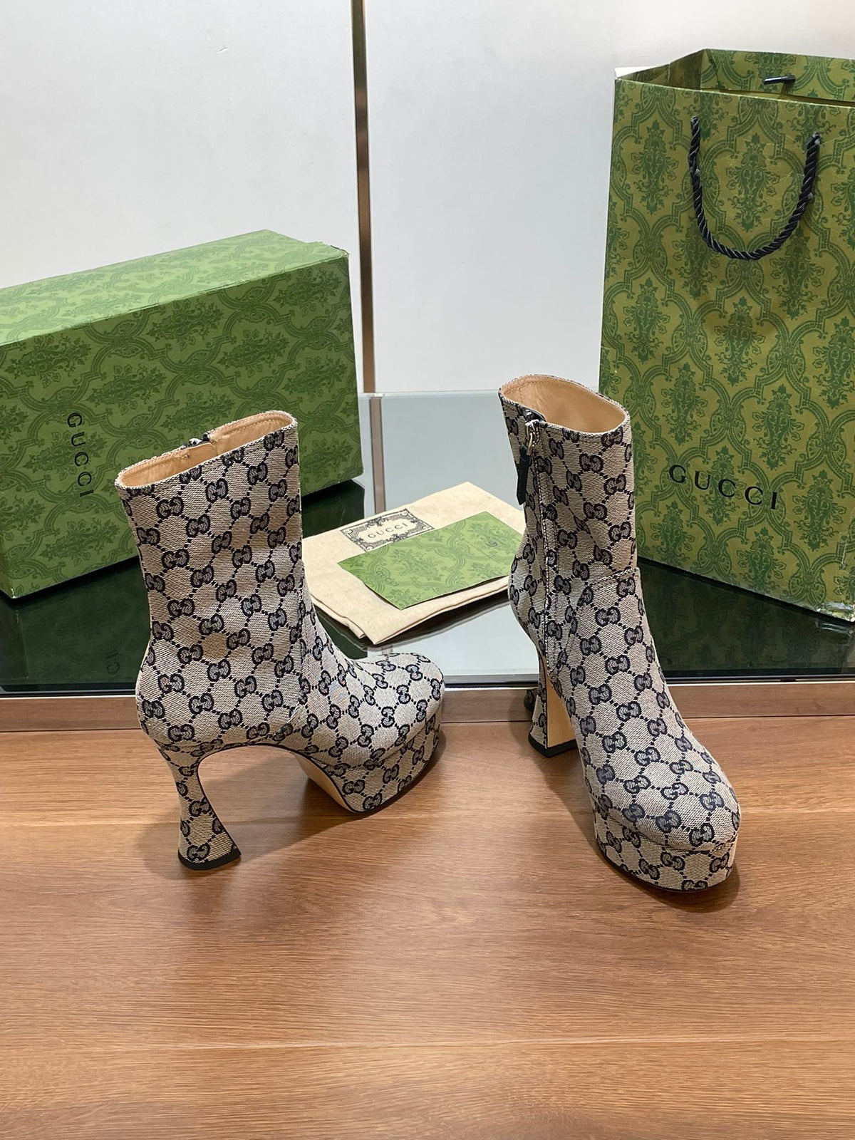 GG SHORT BOOTS 11.5 CM IN BLACK MIX BEIGE MONOGRAM JACQUARD FABRIC