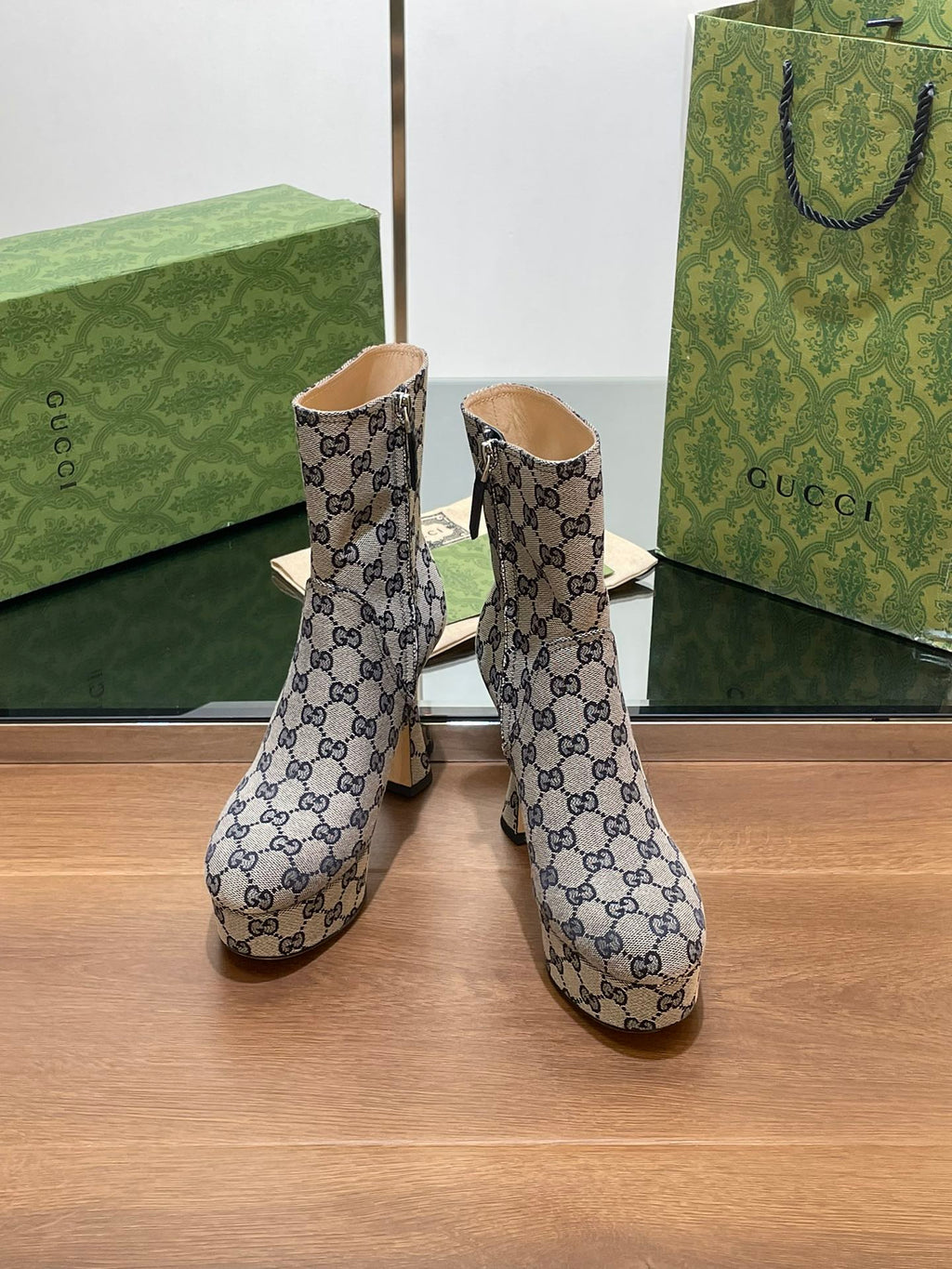 GG SHORT BOOTS 11.5 CM IN BLACK MIX BEIGE MONOGRAM JACQUARD FABRIC