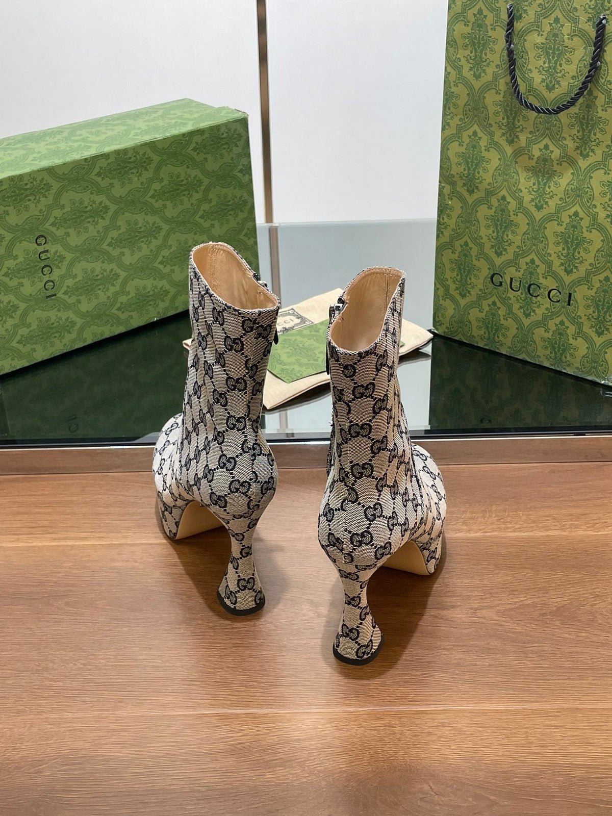 GG SHORT BOOTS 11.5 CM IN BLACK MIX BEIGE MONOGRAM JACQUARD FABRIC