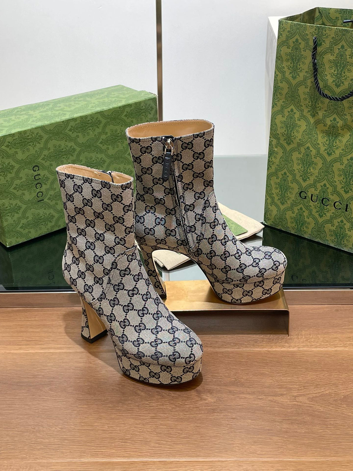 GG SHORT BOOTS 11.5 CM IN BLACK MIX BEIGE MONOGRAM JACQUARD FABRIC