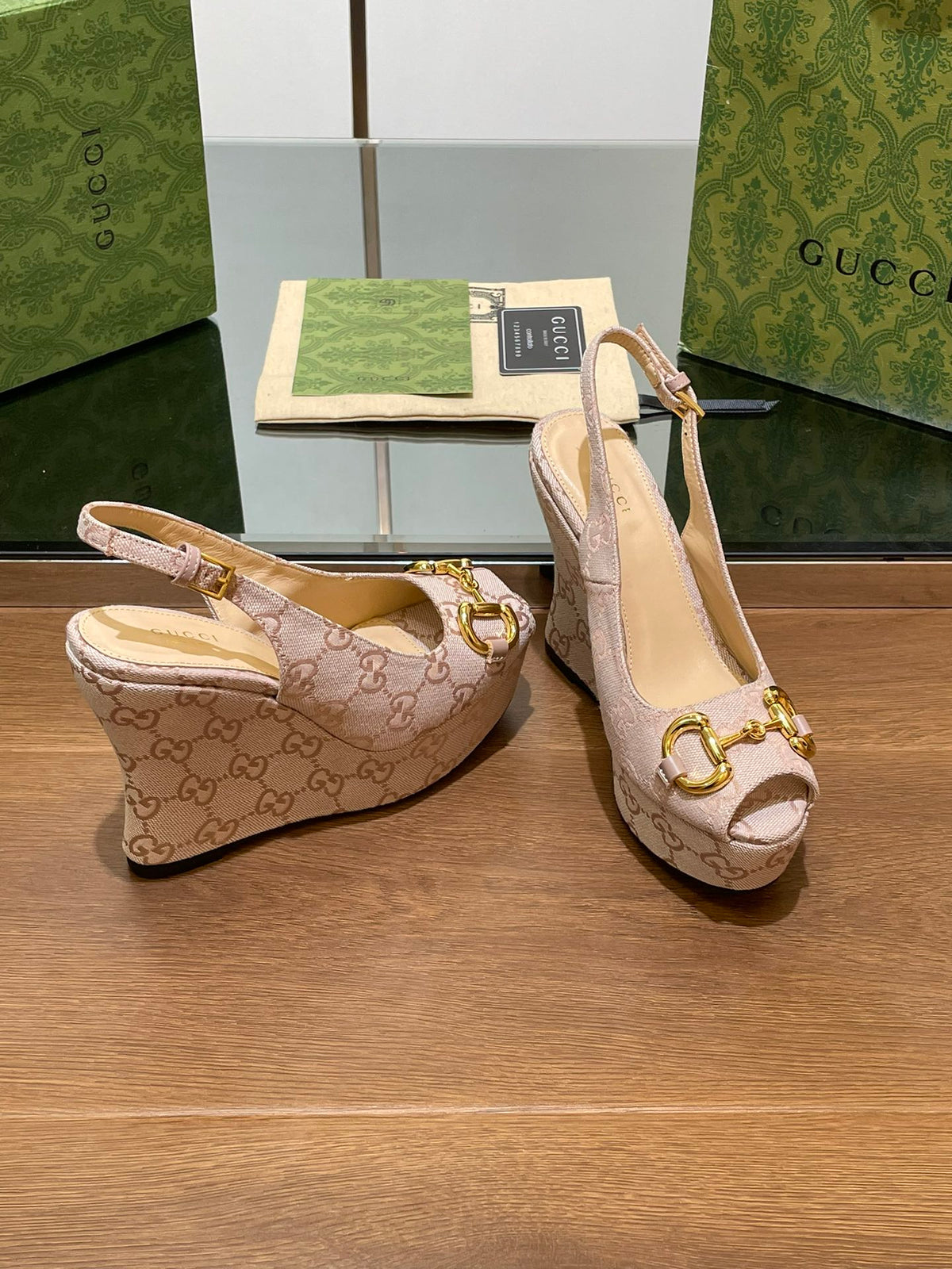 GG WEDGE PLATFORM IN ALMOND BEIGE MONOGRAM JACQUARD FABRIC
