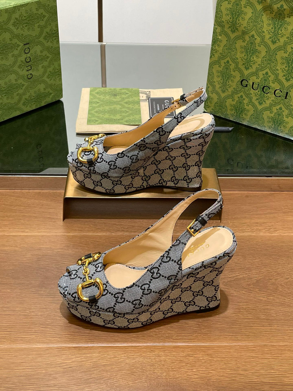 GG WEDGE PLATFORM IN STEEL GREY MONOGRAM JACQUARD FABRIC
