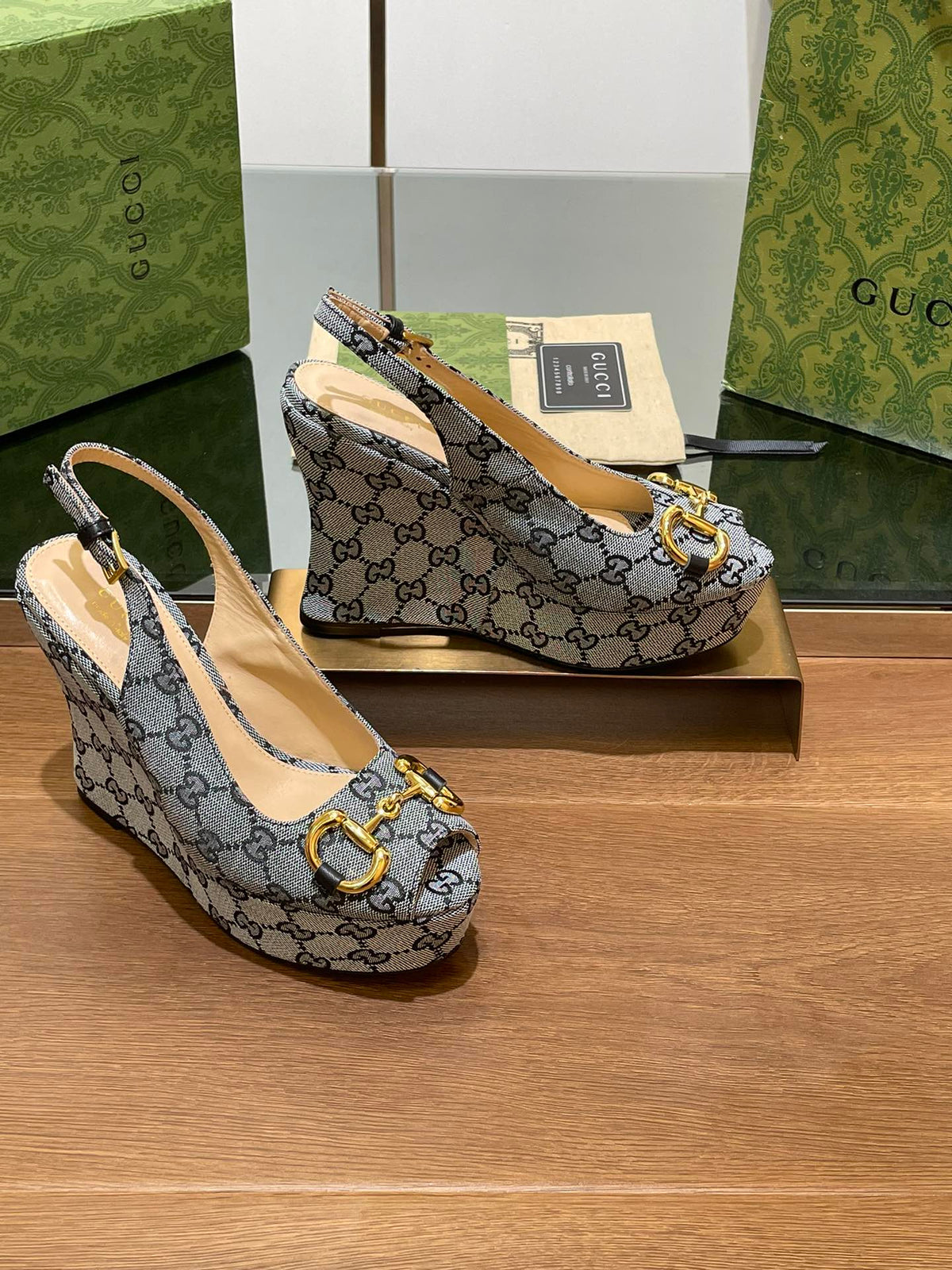GG WEDGE PLATFORM IN STEEL GREY MONOGRAM JACQUARD FABRIC