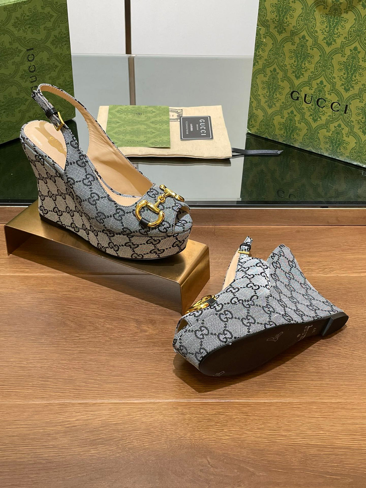 GG WEDGE PLATFORM IN STEEL GREY MONOGRAM JACQUARD FABRIC