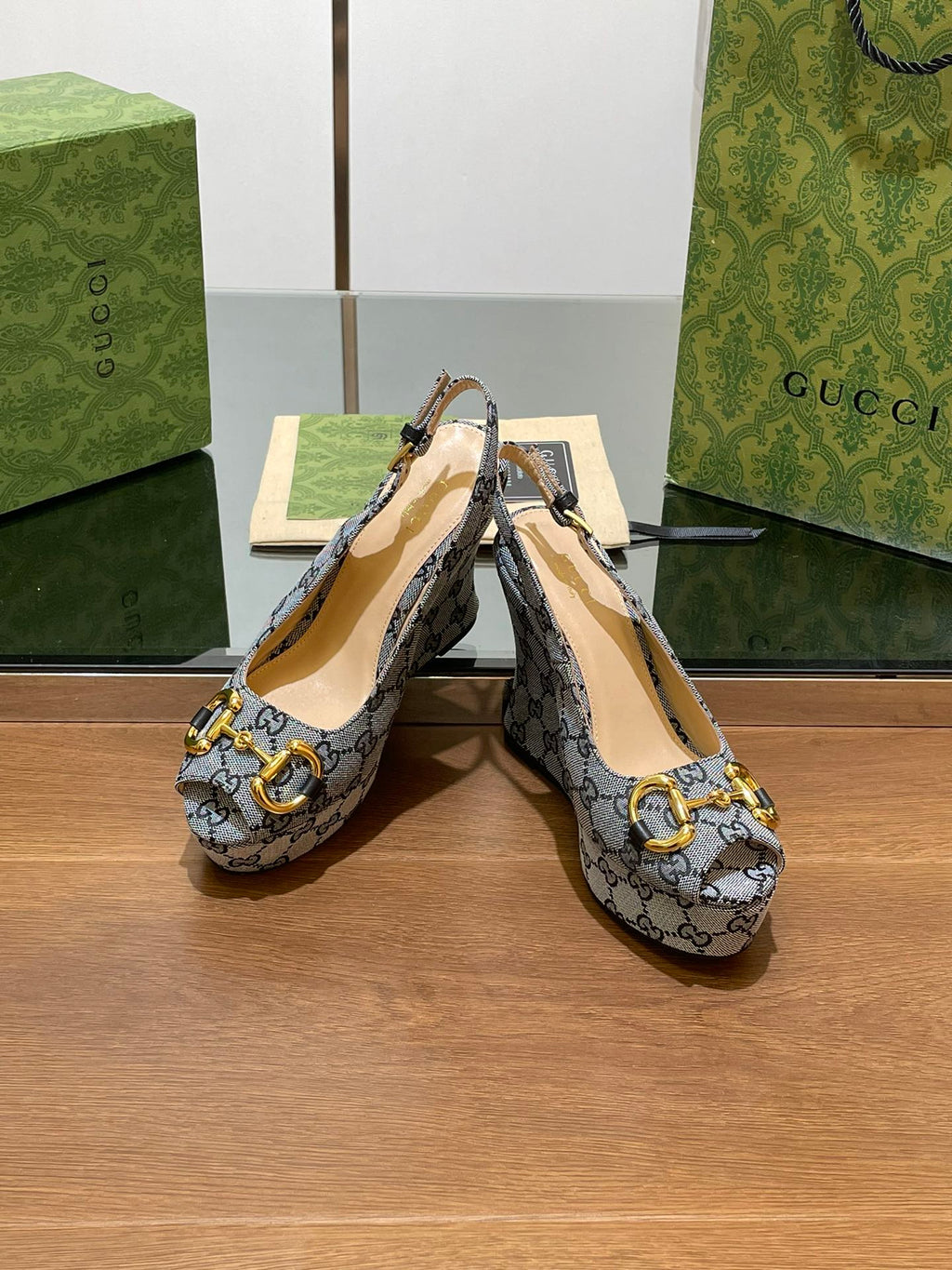 GG WEDGE PLATFORM IN STEEL GREY MONOGRAM JACQUARD FABRIC