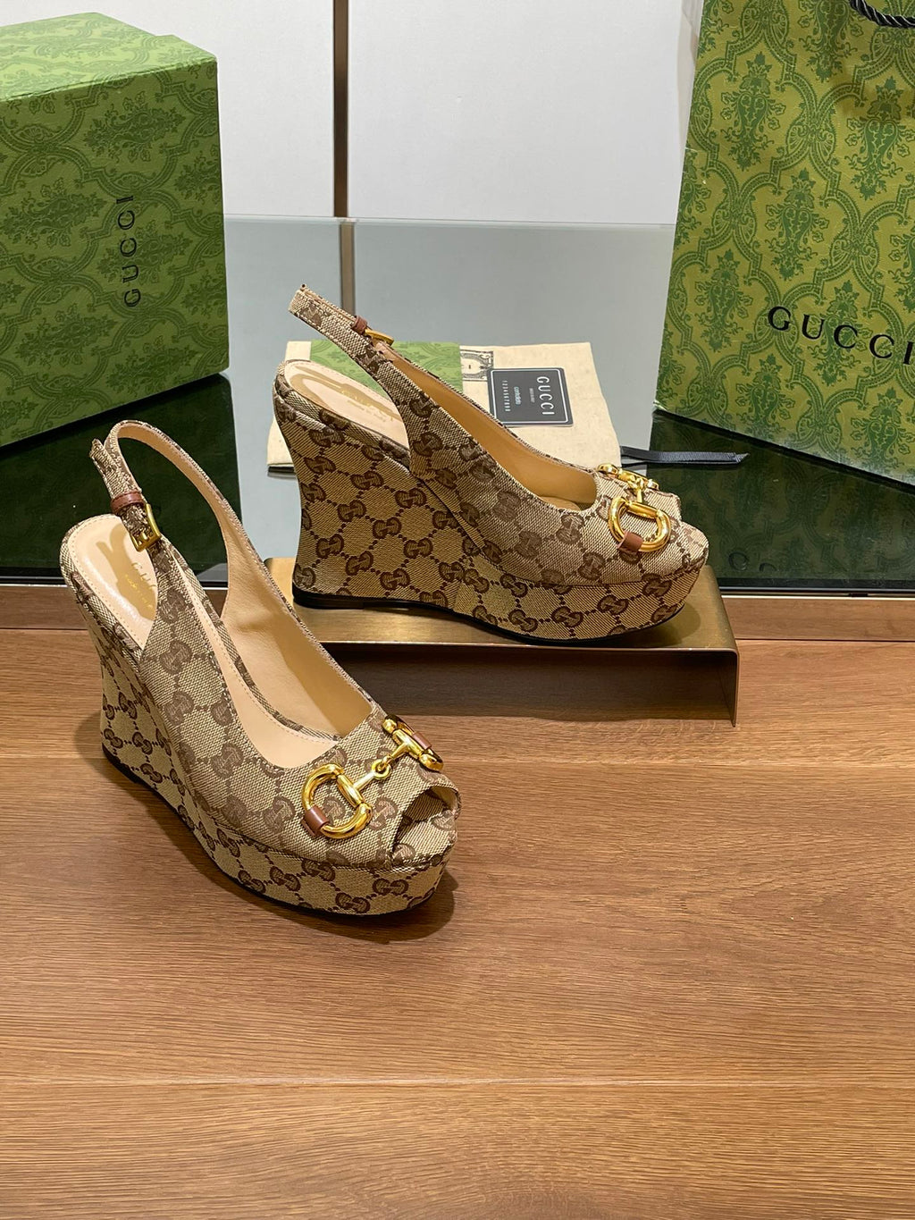 GG WEDGE PLATFORM IN CAMEL BROWN MONOGRAM JACQUARD FABRIC
