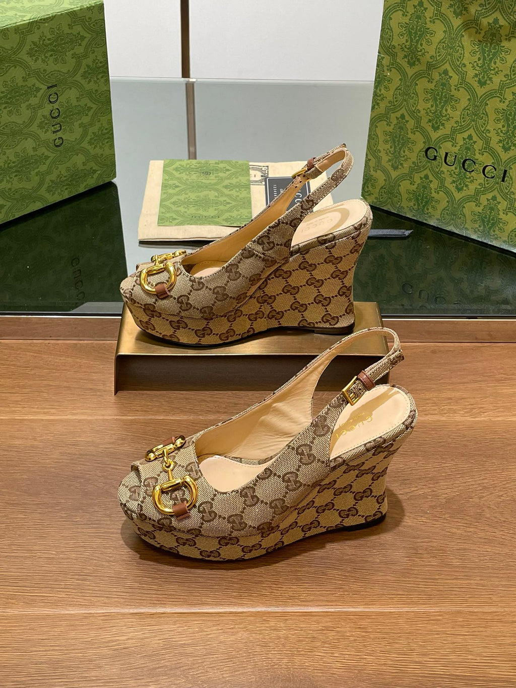 GG WEDGE PLATFORM IN CAMEL BROWN MONOGRAM JACQUARD FABRIC