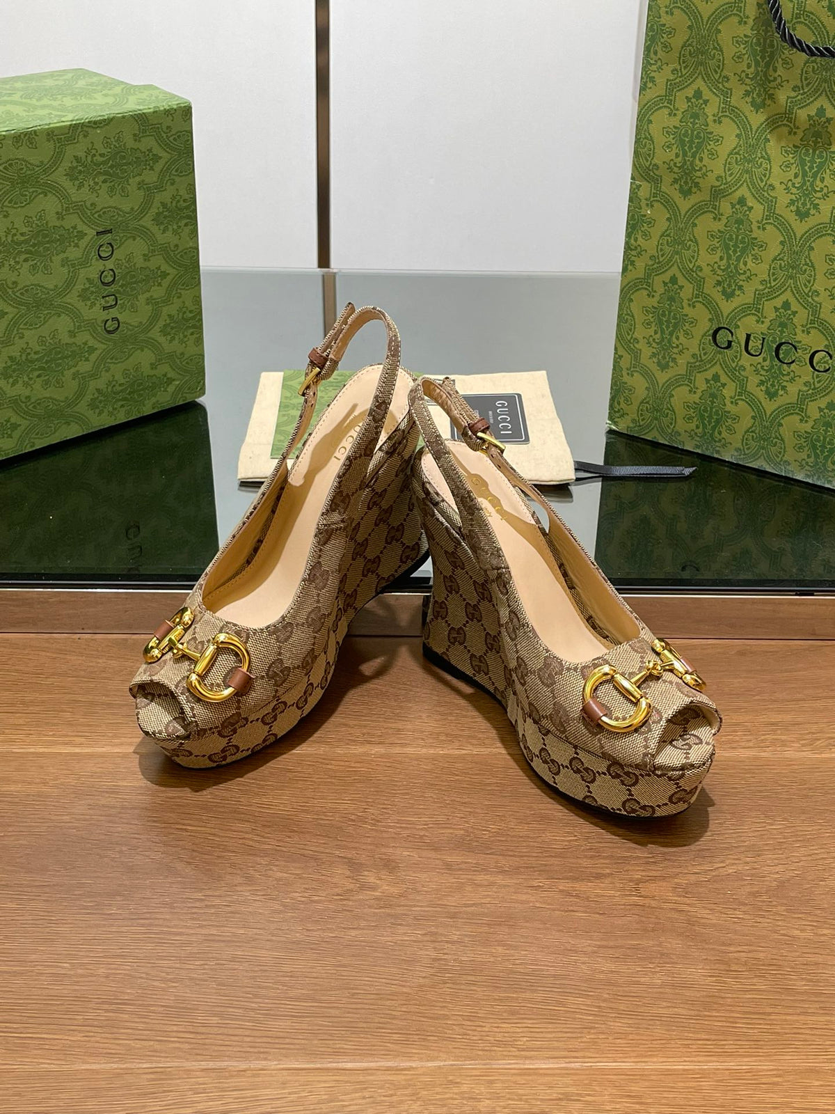 GG WEDGE PLATFORM IN CAMEL BROWN MONOGRAM JACQUARD FABRIC