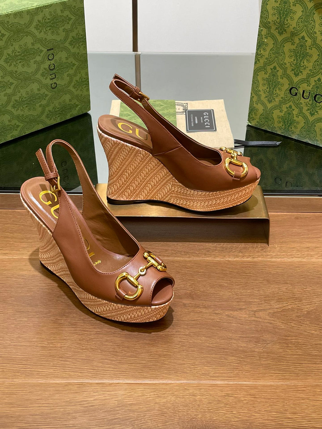 GG WEDGE PLATFORM IN CHOCOLATE BROWN CALFSKIN