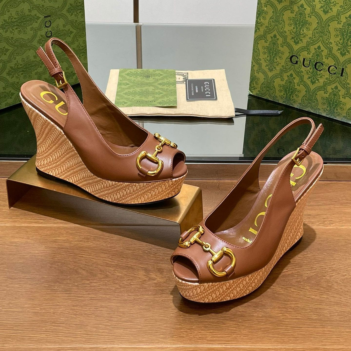 GG WEDGE PLATFORM IN CHOCOLATE BROWN CALFSKIN