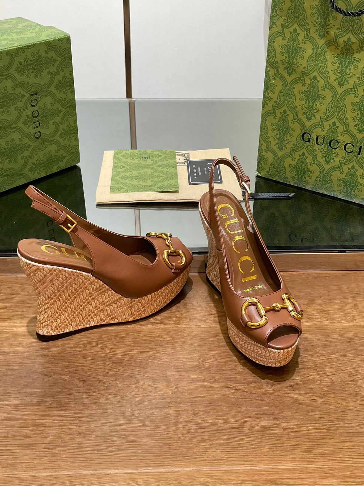GG WEDGE PLATFORM IN CHOCOLATE BROWN CALFSKIN