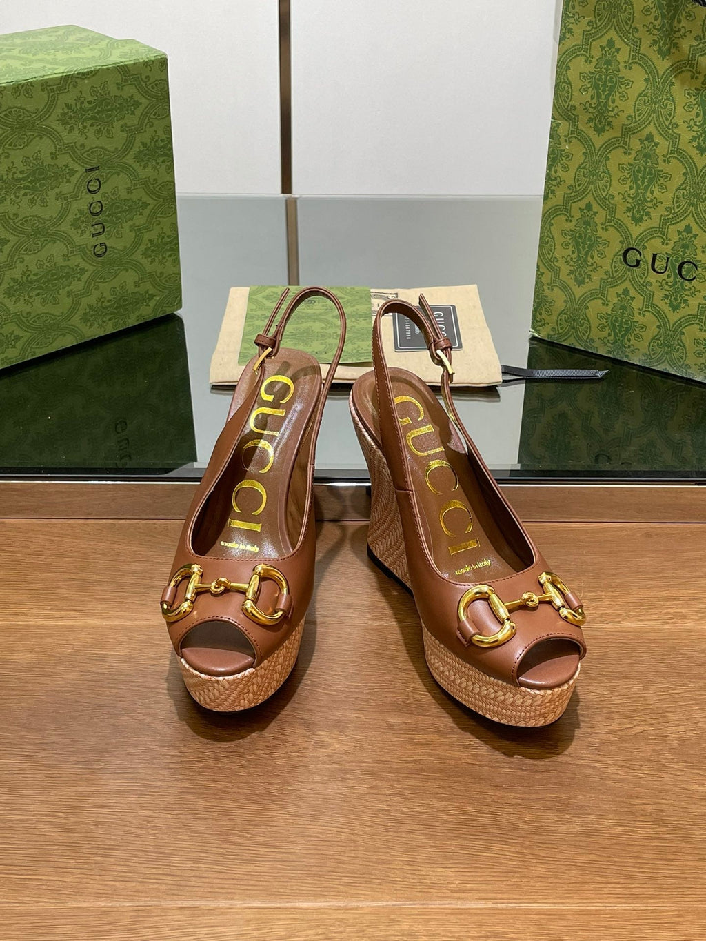 GG WEDGE PLATFORM IN CHOCOLATE BROWN CALFSKIN