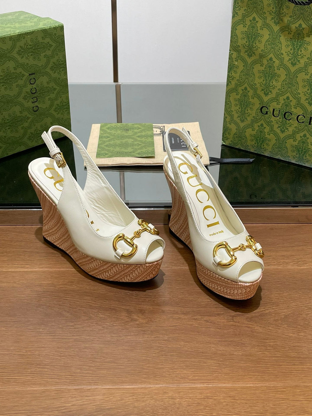 GG WEDGE PLATFORM IN WHITE CALFSKIN