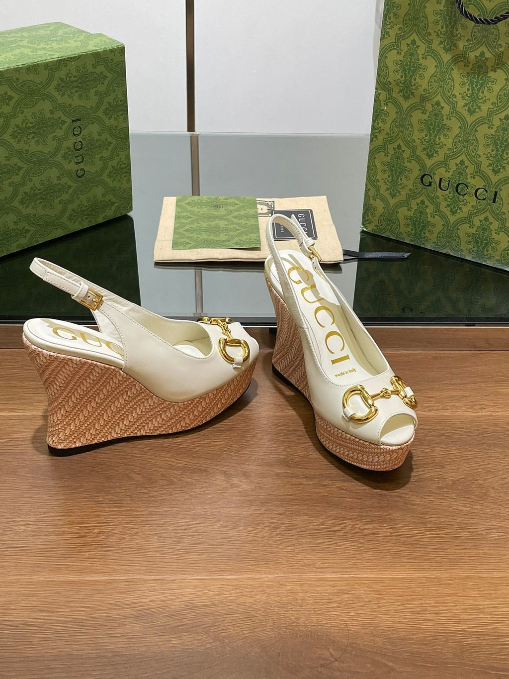 GG WEDGE PLATFORM IN WHITE CALFSKIN