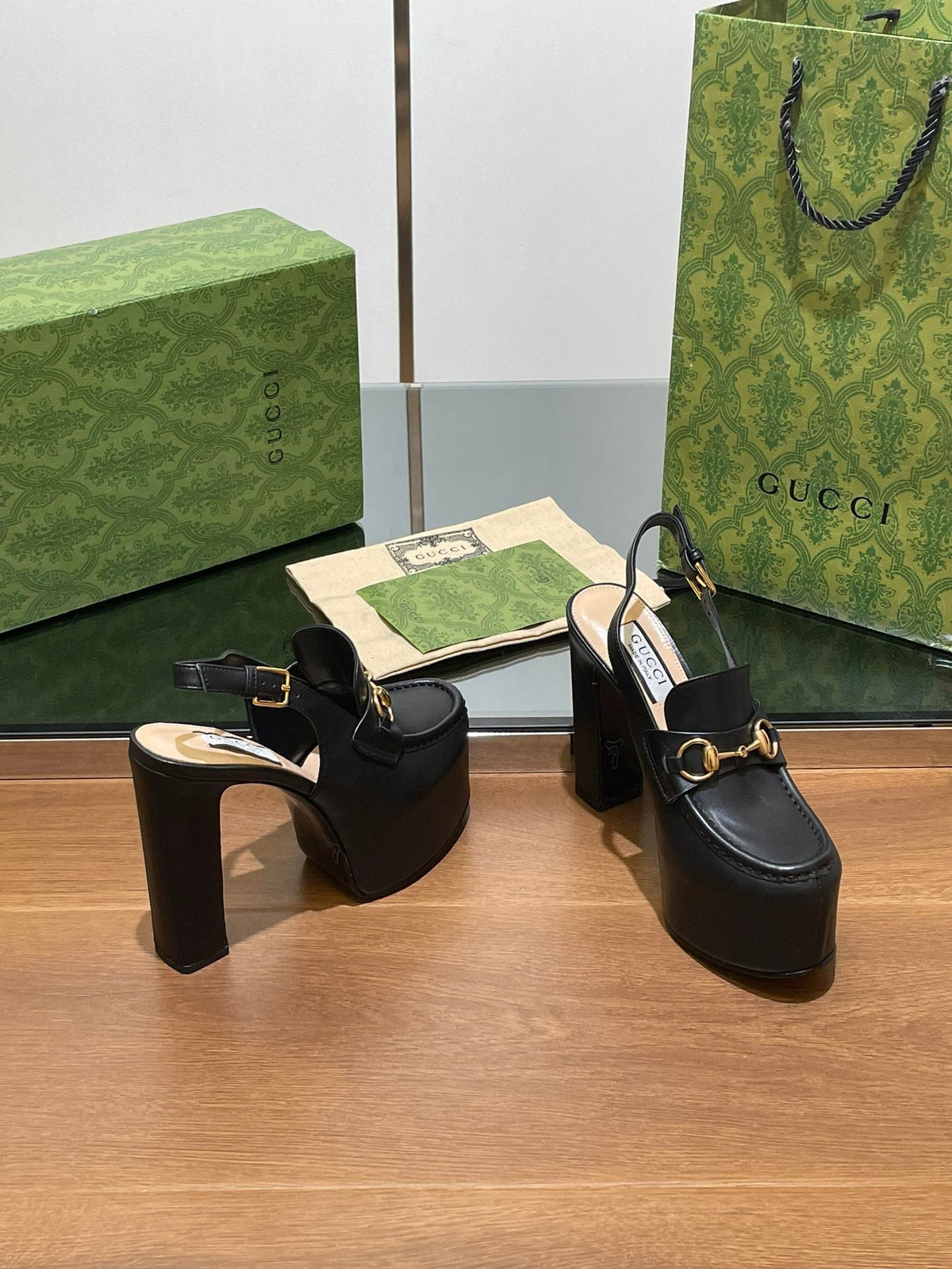 GG WOMEN'S HORSEBIT PLATFORM SLINGBACK IN BLACK CALFSKIN