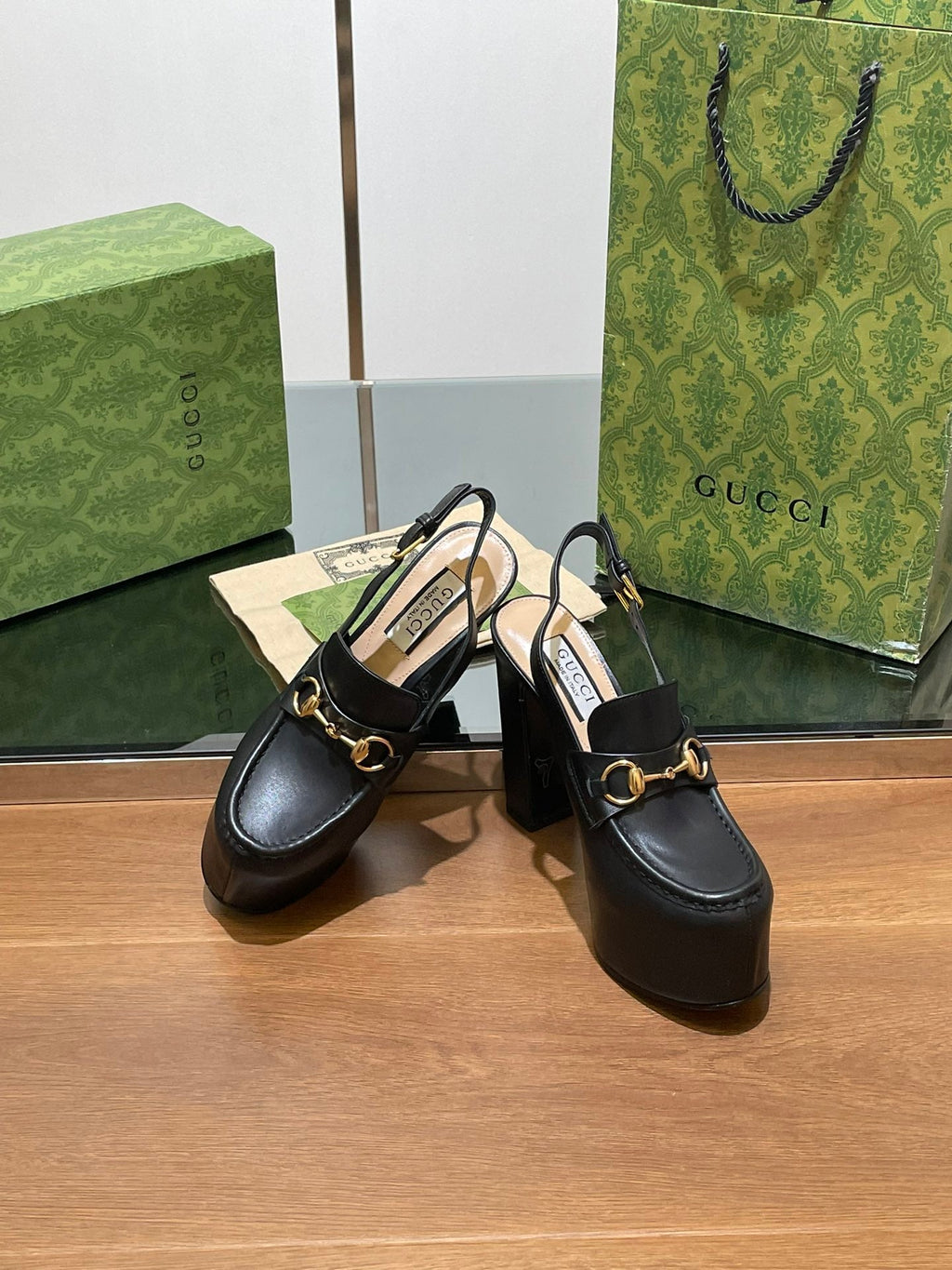 GG WOMEN'S HORSEBIT PLATFORM SLINGBACK IN BLACK CALFSKIN