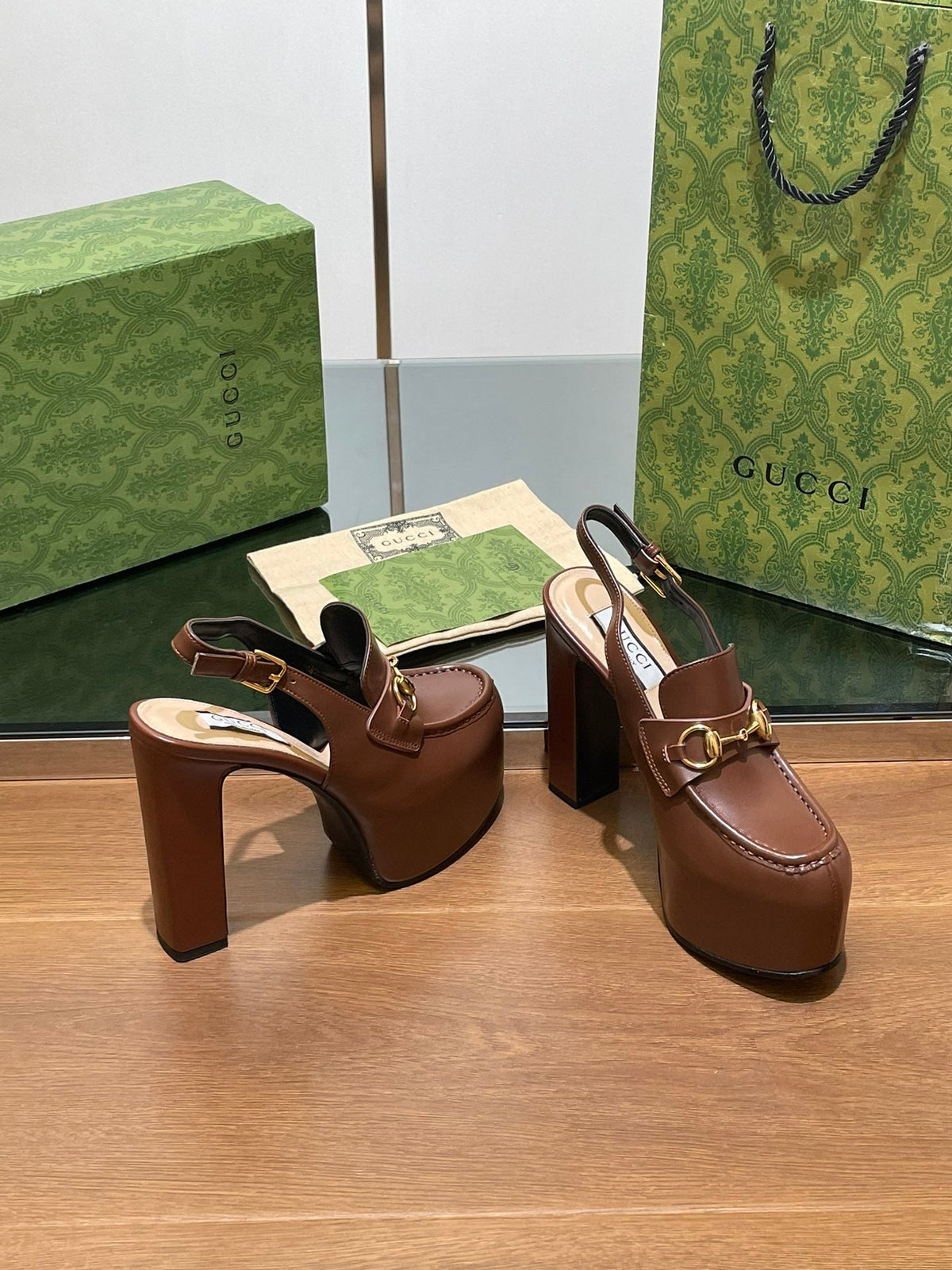 GG WOMEN'S HORSEBIT PLATFORM SLINGBACK IN DARK BROWN CALFSKIN