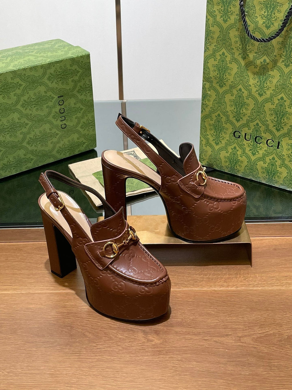 GG WOMEN'S HORSEBIT PLATFORM SLINGBACK IN DARK BROWN EMBOSSED CALFSKIN