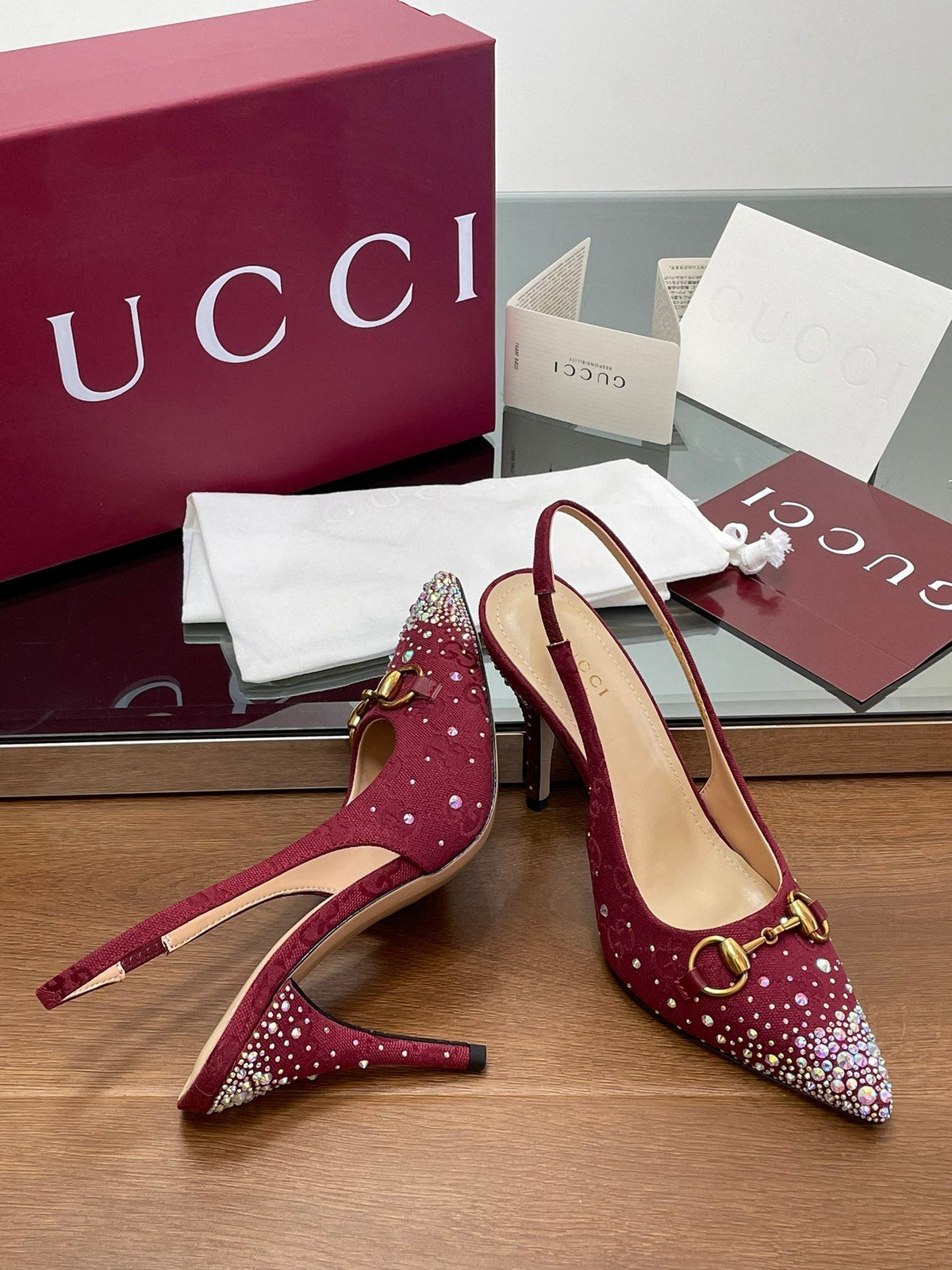GG Horsebit Slingback 85MM Red Ebony Monogram Canvas Point Toe Crystal-Embellished
