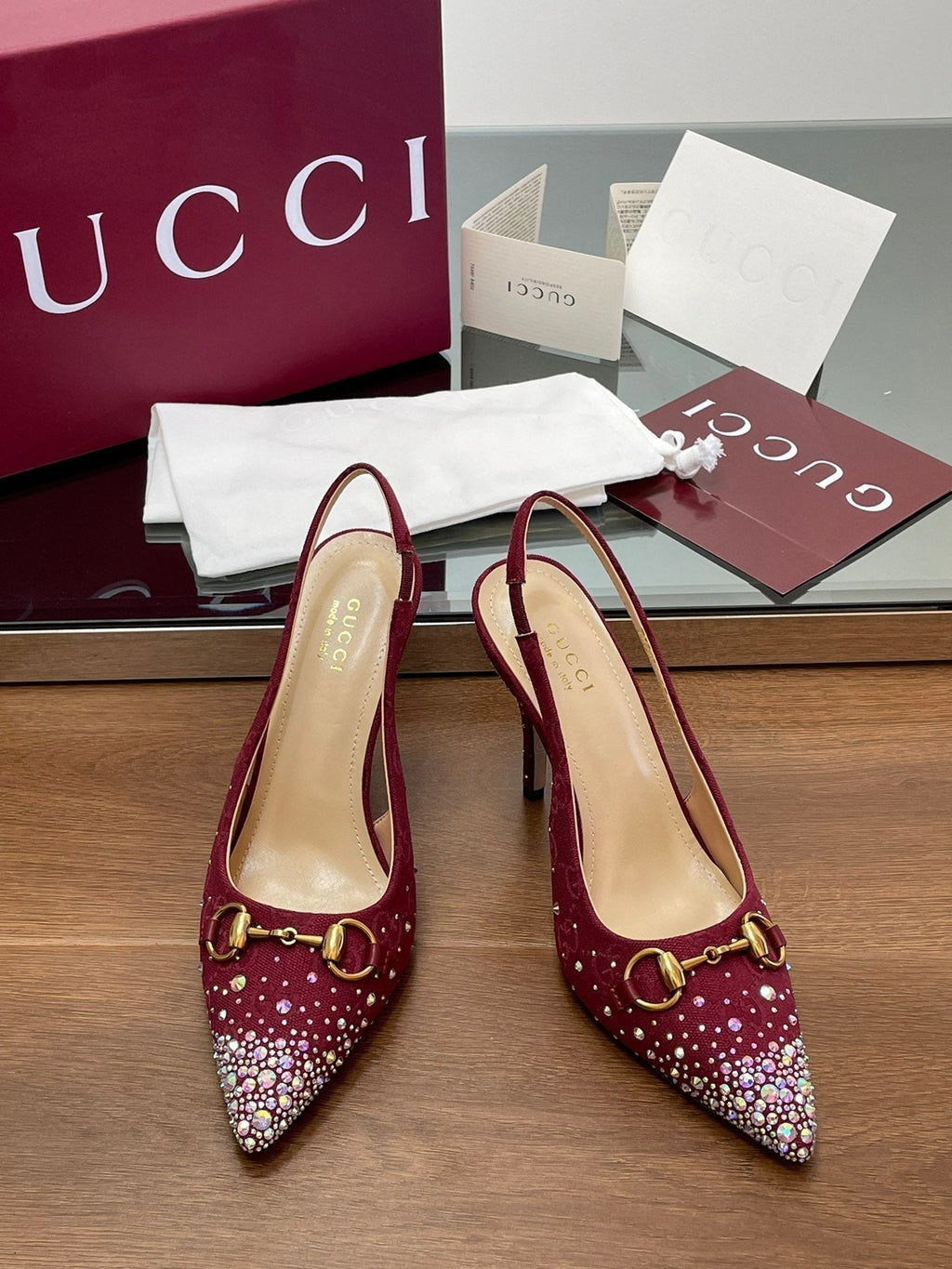GG Horsebit Slingback 85MM Red Ebony Monogram Canvas Point Toe Crystal-Embellished