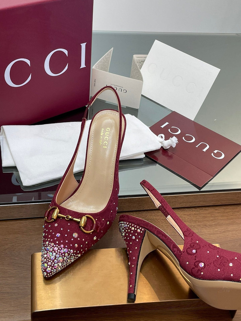 GG Horsebit Slingback 85MM Red Ebony Monogram Canvas Point Toe Crystal-Embellished