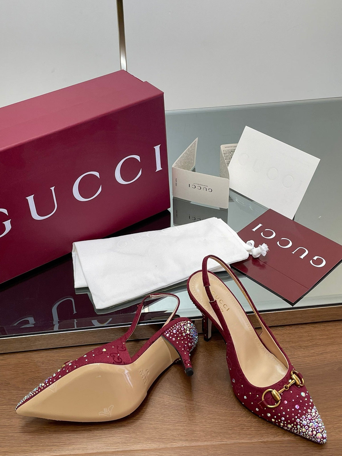 GG Horsebit Slingback 85MM Red Ebony Monogram Canvas Point Toe Crystal-Embellished