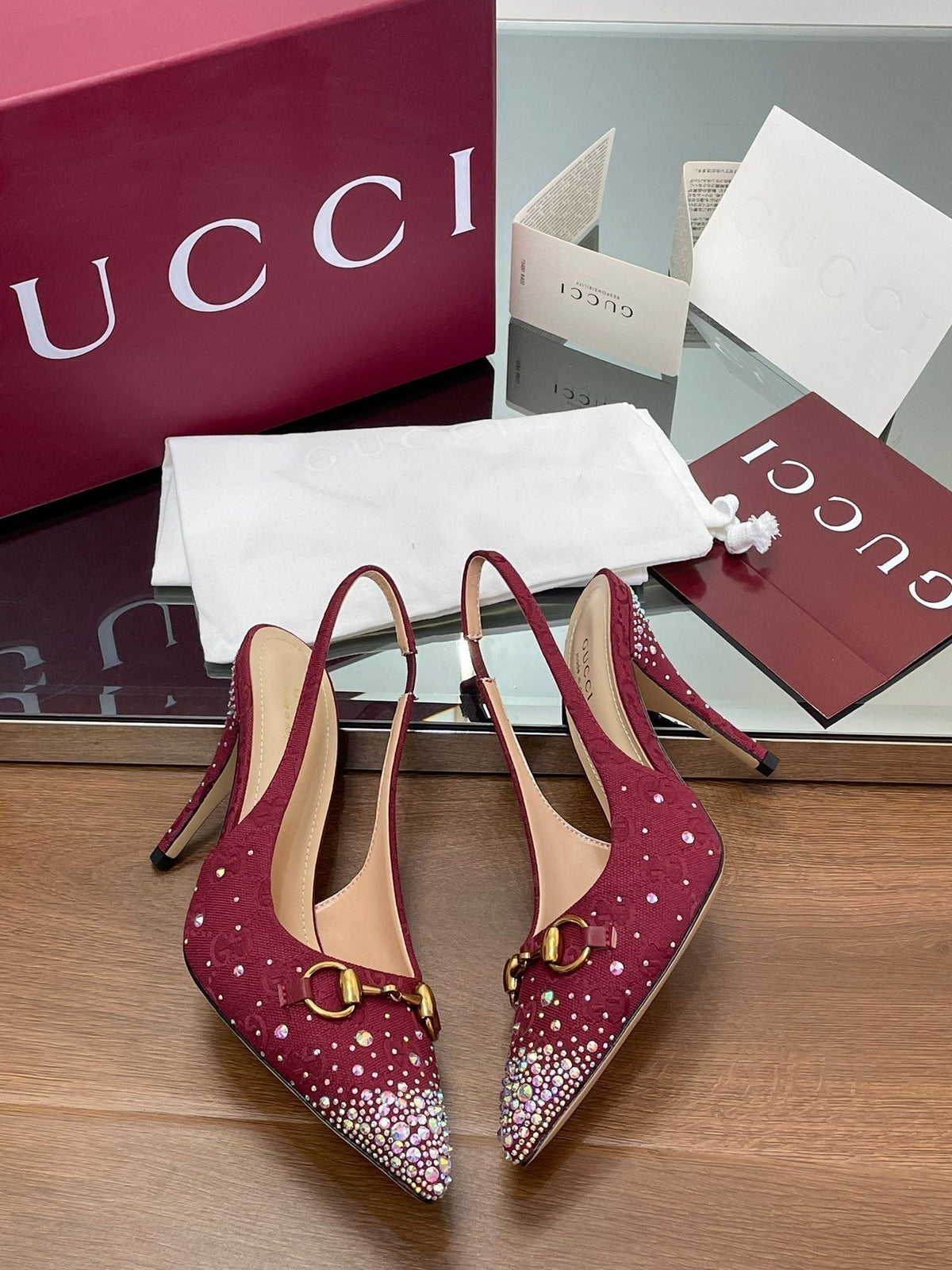GG Horsebit Slingback 85MM Red Ebony Monogram Canvas Point Toe Crystal-Embellished