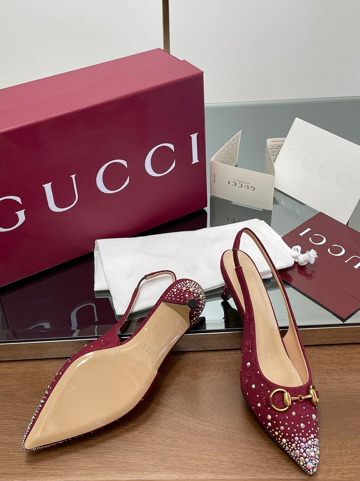 GG Horsebit Slingback 45MM Red Ebony Monogram Canvas Point Toe Crystal-Embellished