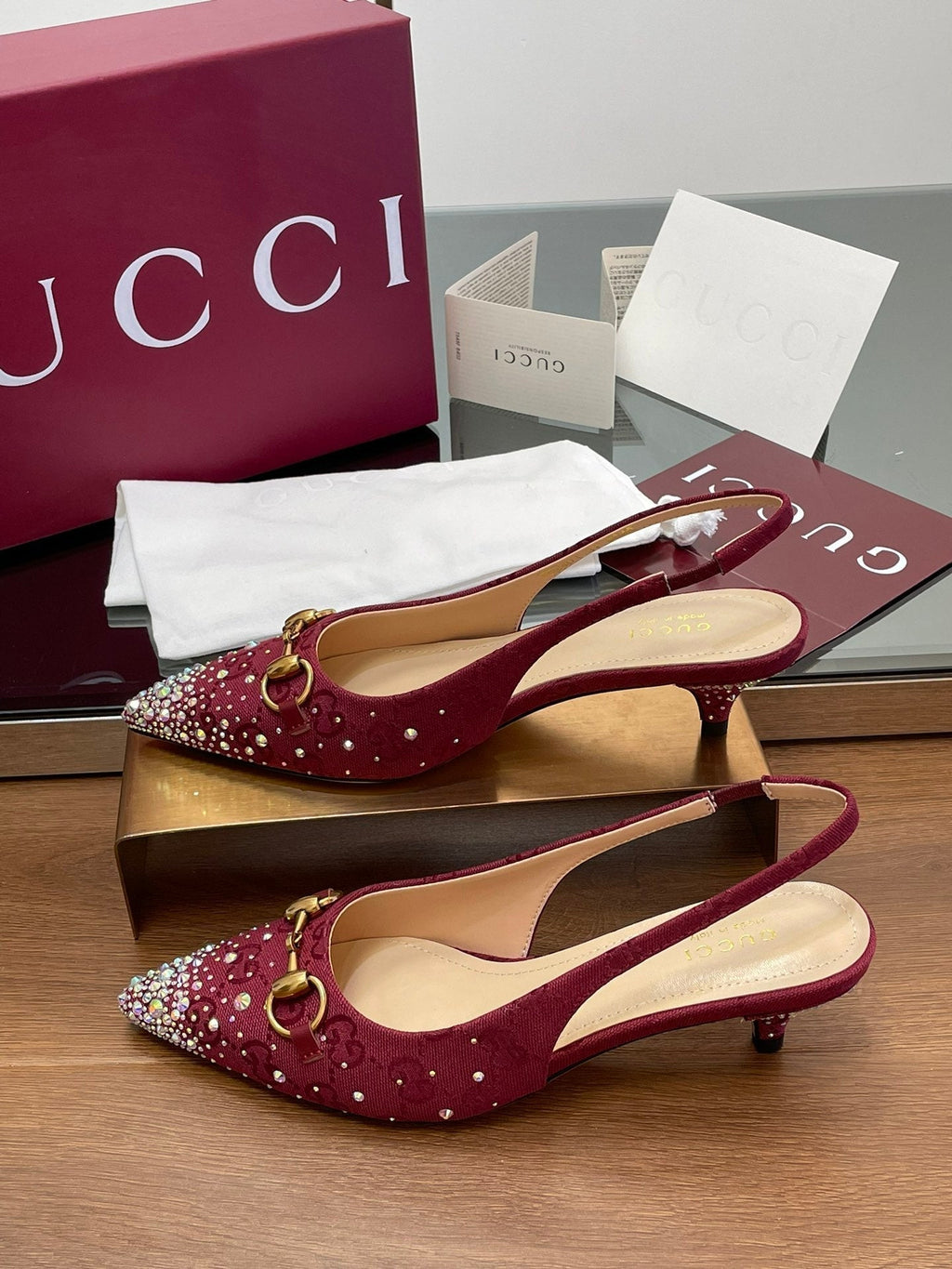 GG Horsebit Slingback 45MM Red Ebony Monogram Canvas Point Toe Crystal-Embellished
