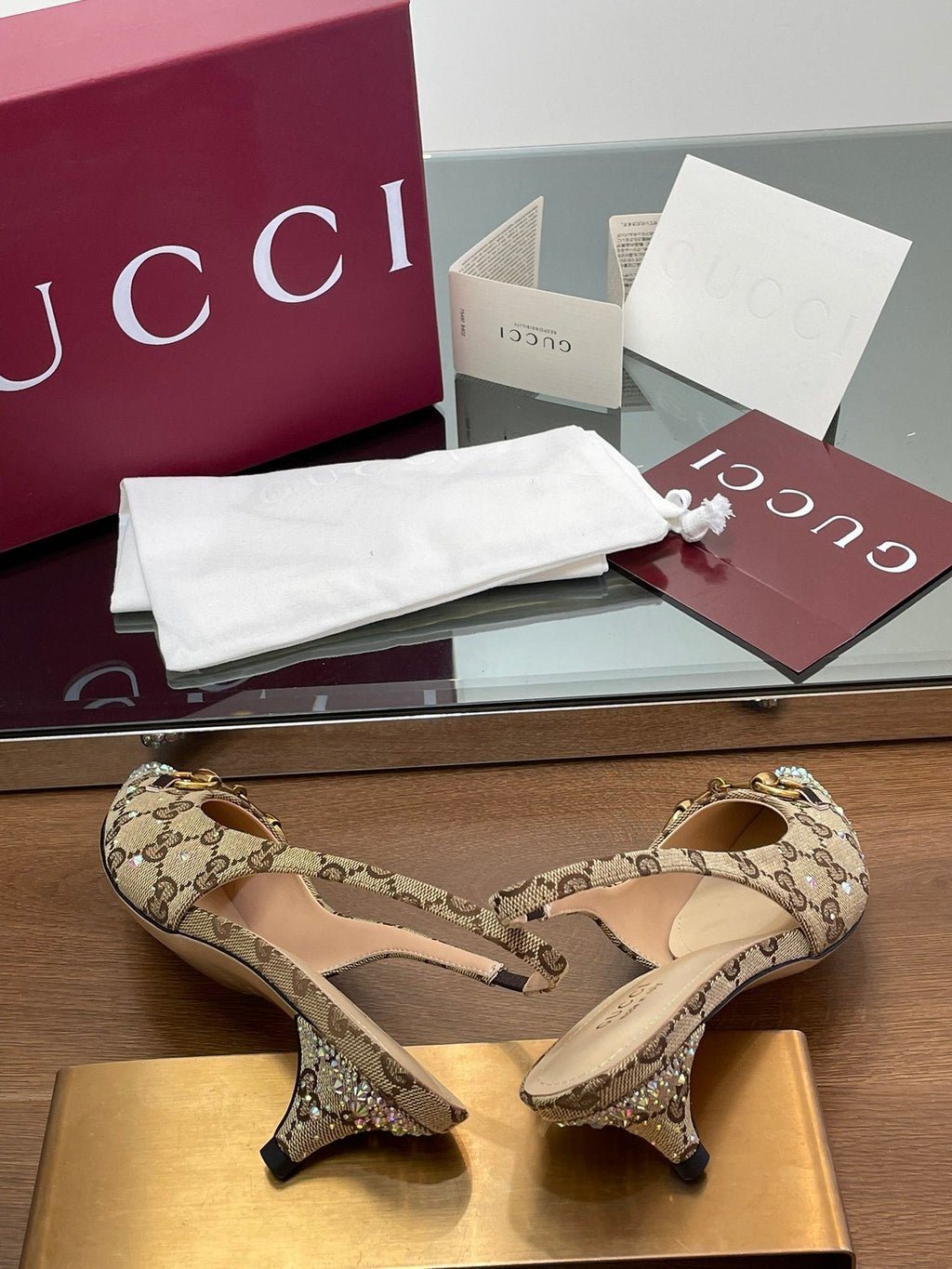 GG Horsebit Slingback 45MM Beige Ebony Monogram Canvas Point Toe Crystal-Embellished