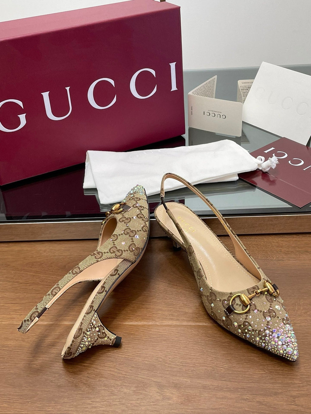 GG Horsebit Slingback 45MM Beige Ebony Monogram Canvas Point Toe Crystal-Embellished