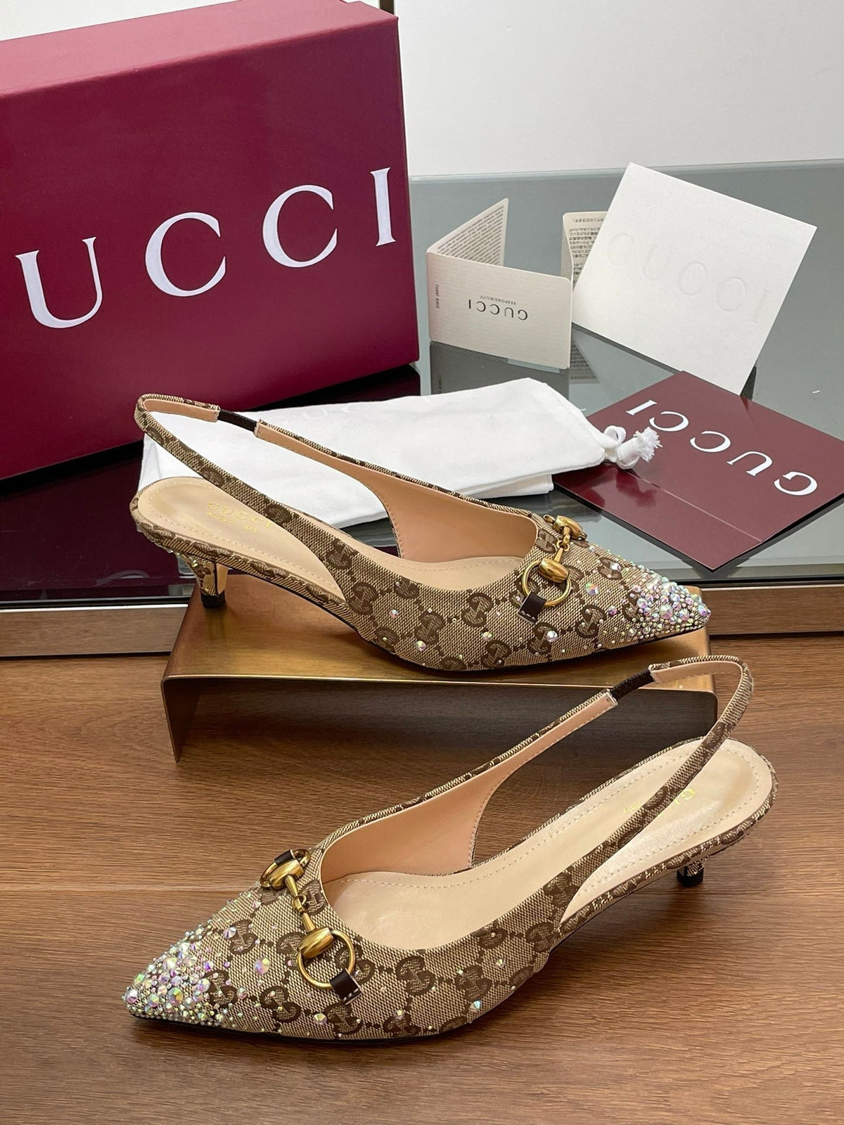 GG Horsebit Slingback 45MM Beige Ebony Monogram Canvas Point Toe Crystal-Embellished
