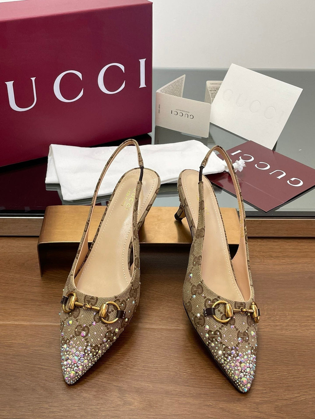 GG Horsebit Slingback 45MM Beige Ebony Monogram Canvas Point Toe Crystal-Embellished