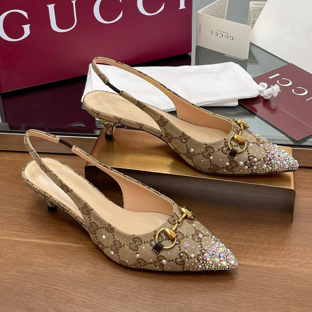 GG Horsebit Slingback 45MM Beige Ebony Monogram Canvas Point Toe Crystal-Embellished
