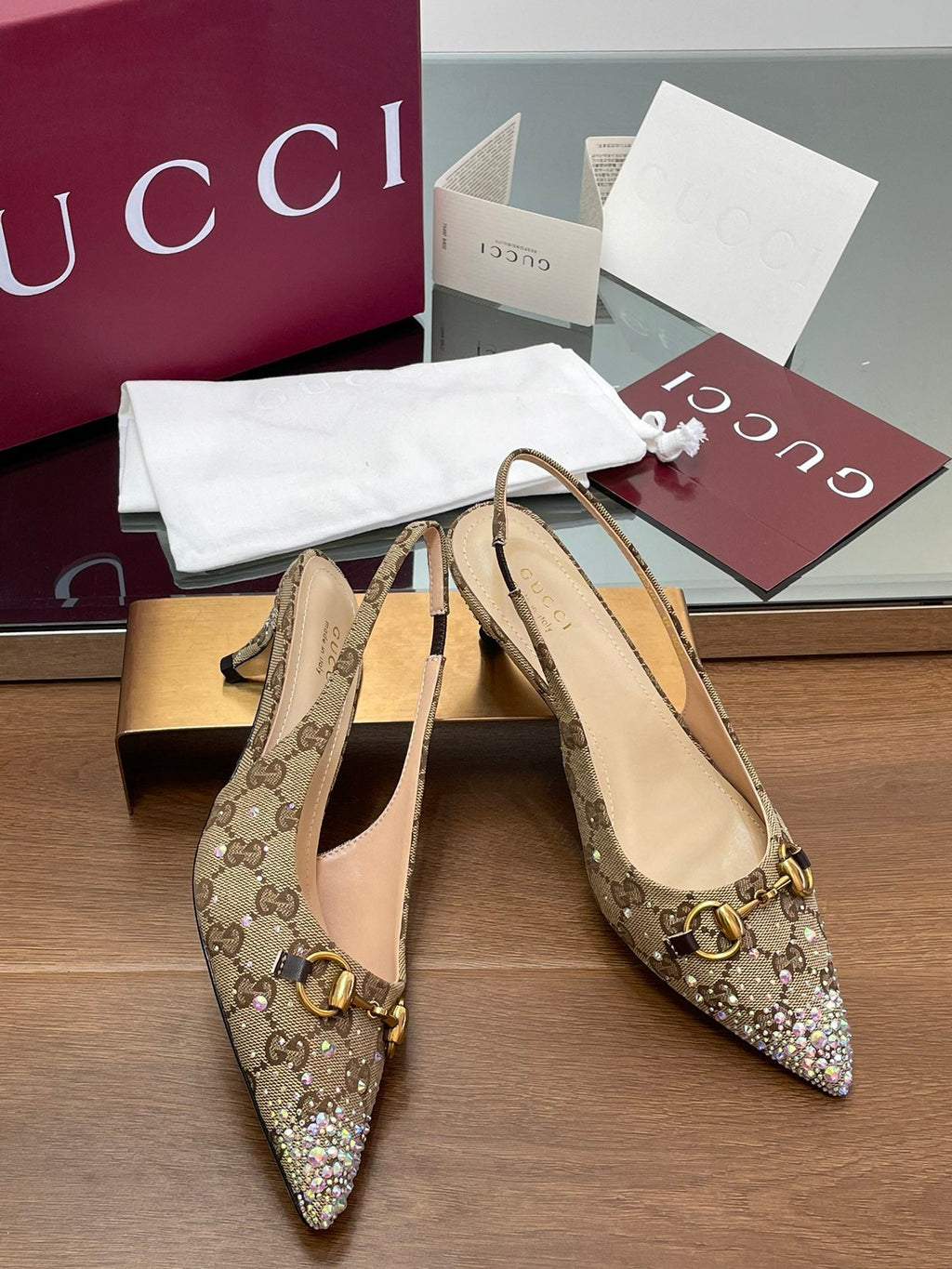 GG Horsebit Slingback 45MM Beige Ebony Monogram Canvas Point Toe Crystal-Embellished