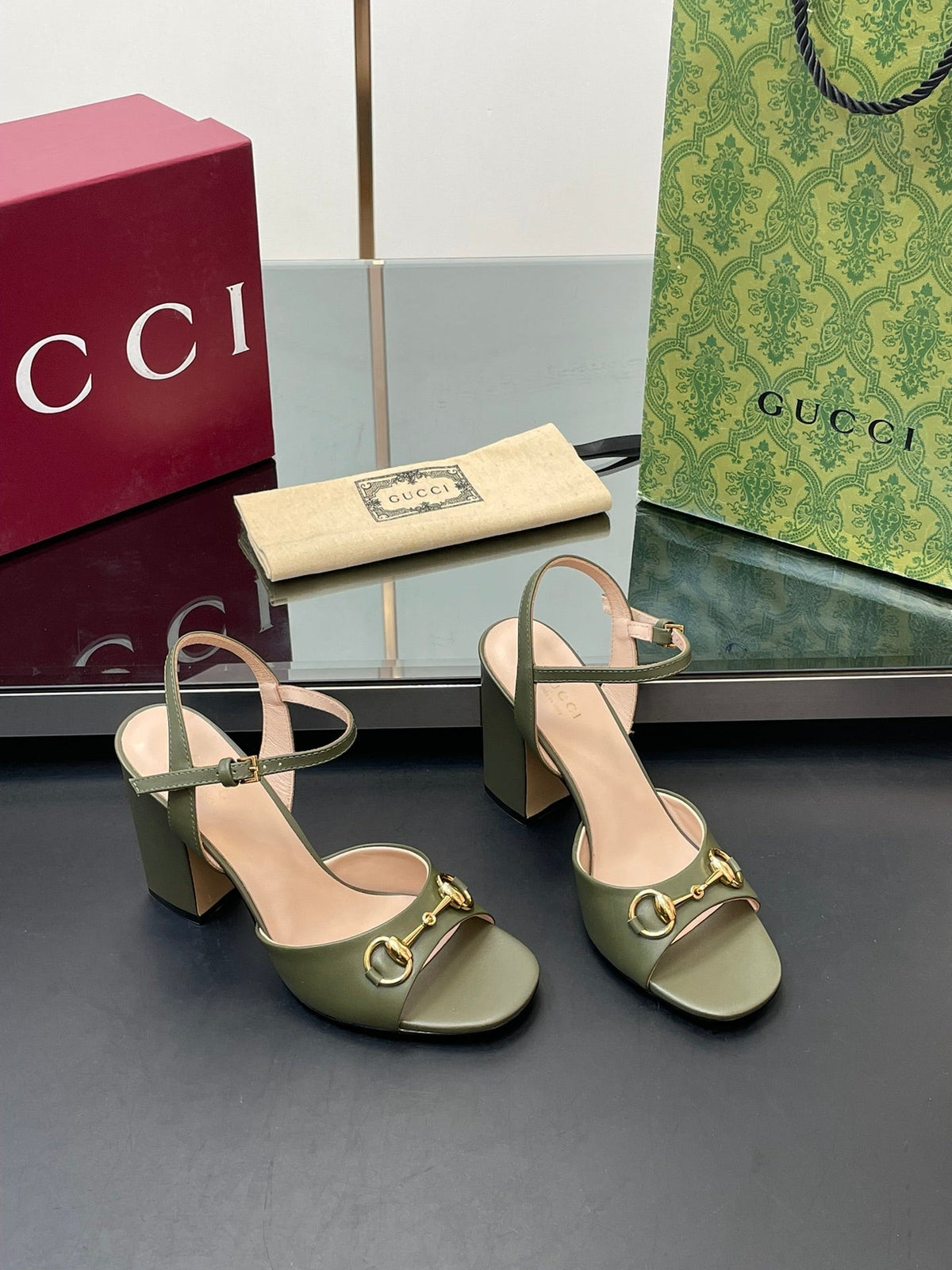 GG Women Horsebit High Heel Sandal Open Toe Olive Sheepskin 149217