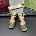GG Women Horsebit High Heel Sandal Open Toe Olive Sheepskin 149217