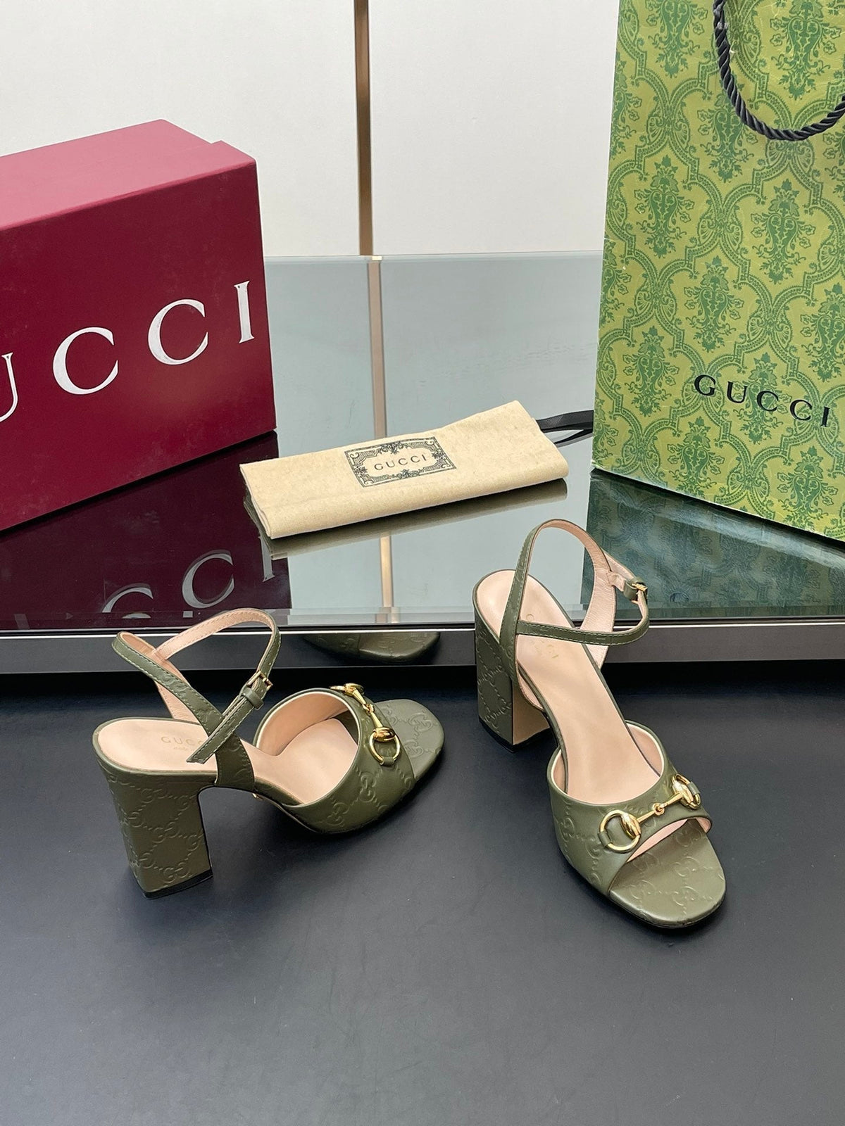 GG Women Horsebit Embossed High Heel Sandal Open Toe Olive Sheepskin 149219