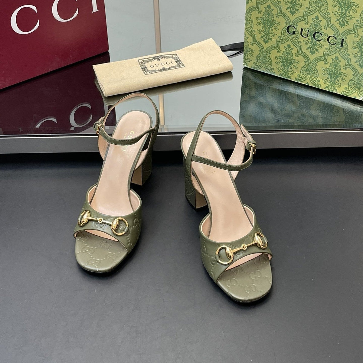 GG Women Horsebit Embossed High Heel Sandal Open Toe Olive Sheepskin 149219