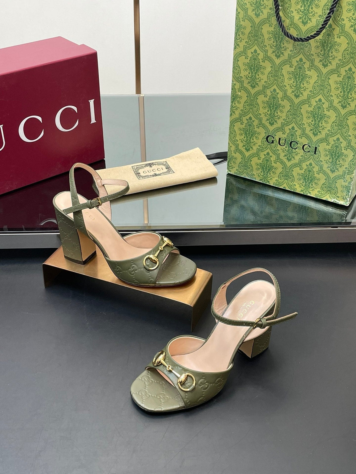 GG Women Horsebit Embossed High Heel Sandal Open Toe Olive Sheepskin 149219