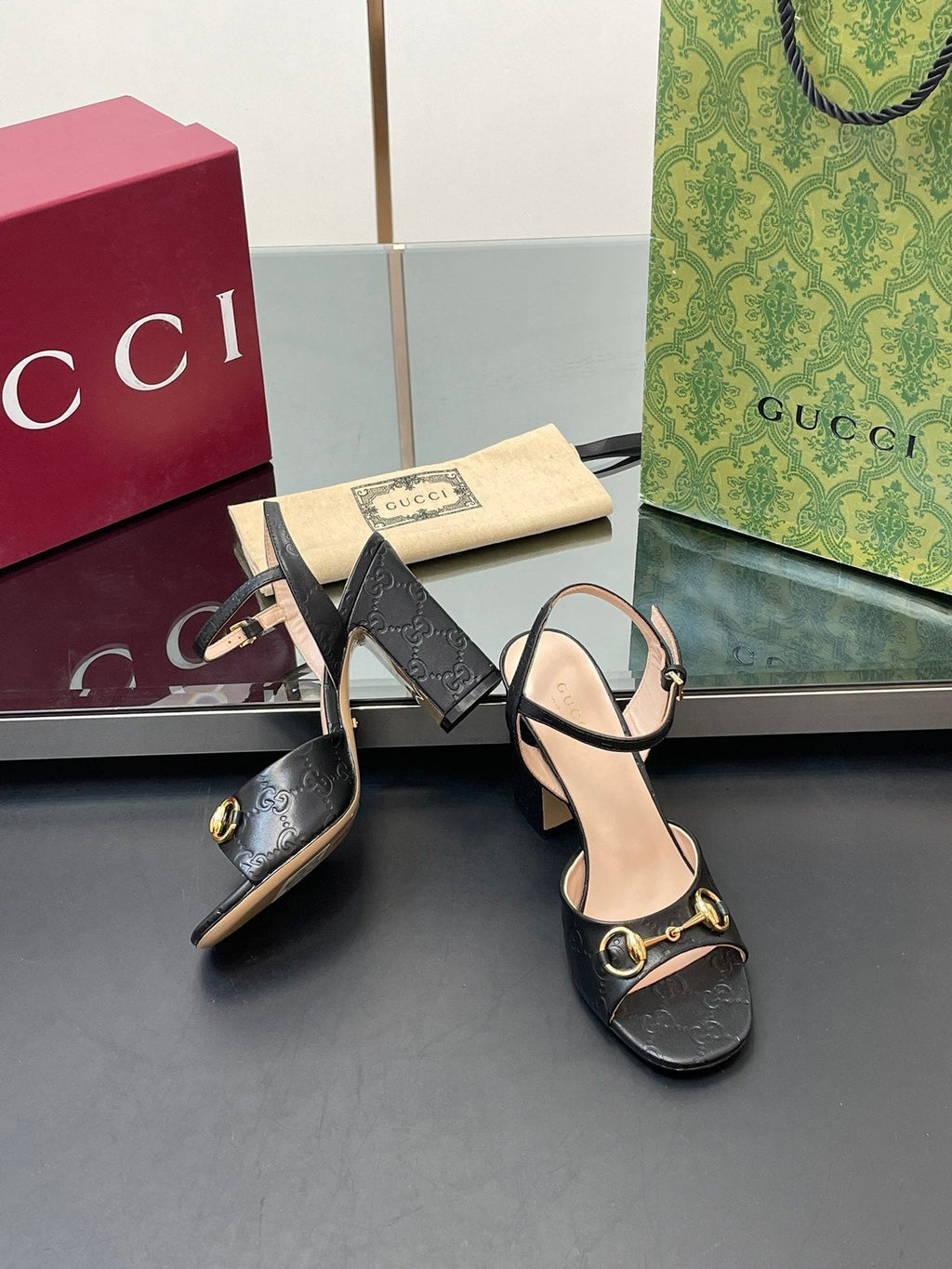 GG Women Horsebit Embossed High Heel Sandal Open Toe Black Sheepskin 149221