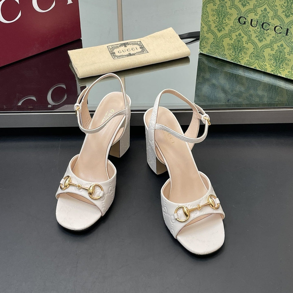 GG Women Horsebit Embossed High Heel Sandal Open Toe Cream Sheepskin 149223