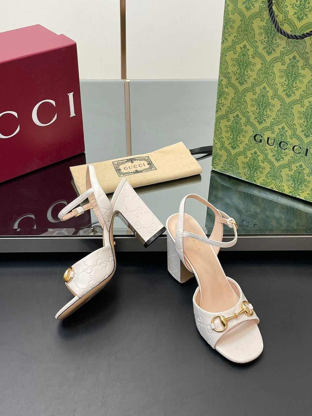 GG Women Horsebit Embossed High Heel Sandal Open Toe Cream Sheepskin 149223