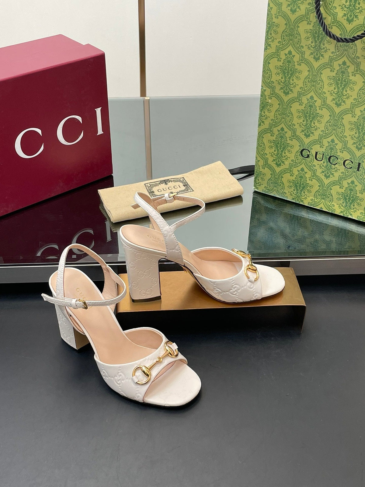 GG Women Horsebit Embossed High Heel Sandal Open Toe Cream Sheepskin 149223
