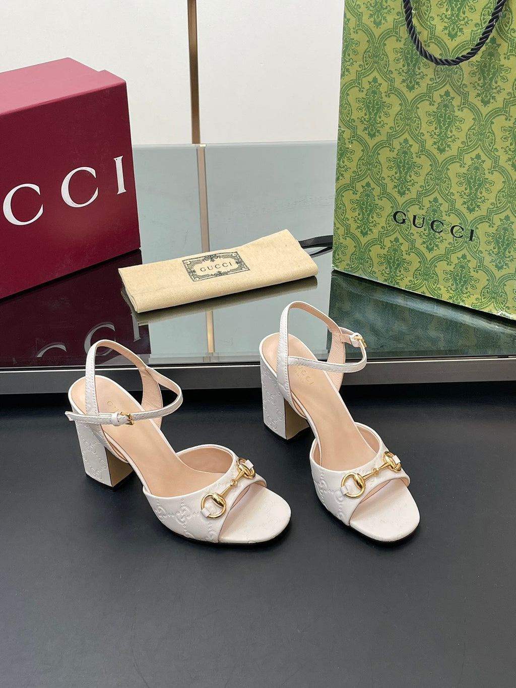 GG Women Horsebit Embossed High Heel Sandal Open Toe Cream Sheepskin 149223