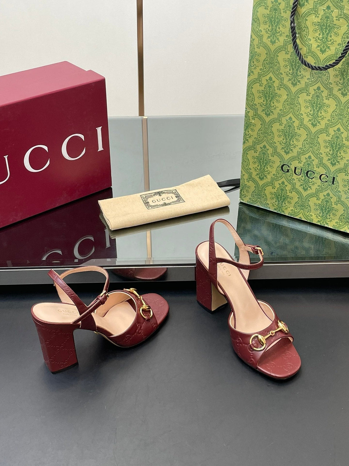 GG Women Horsebit Embossed High Heel Sandal Open Toe Burgundy Sheepskin 149227