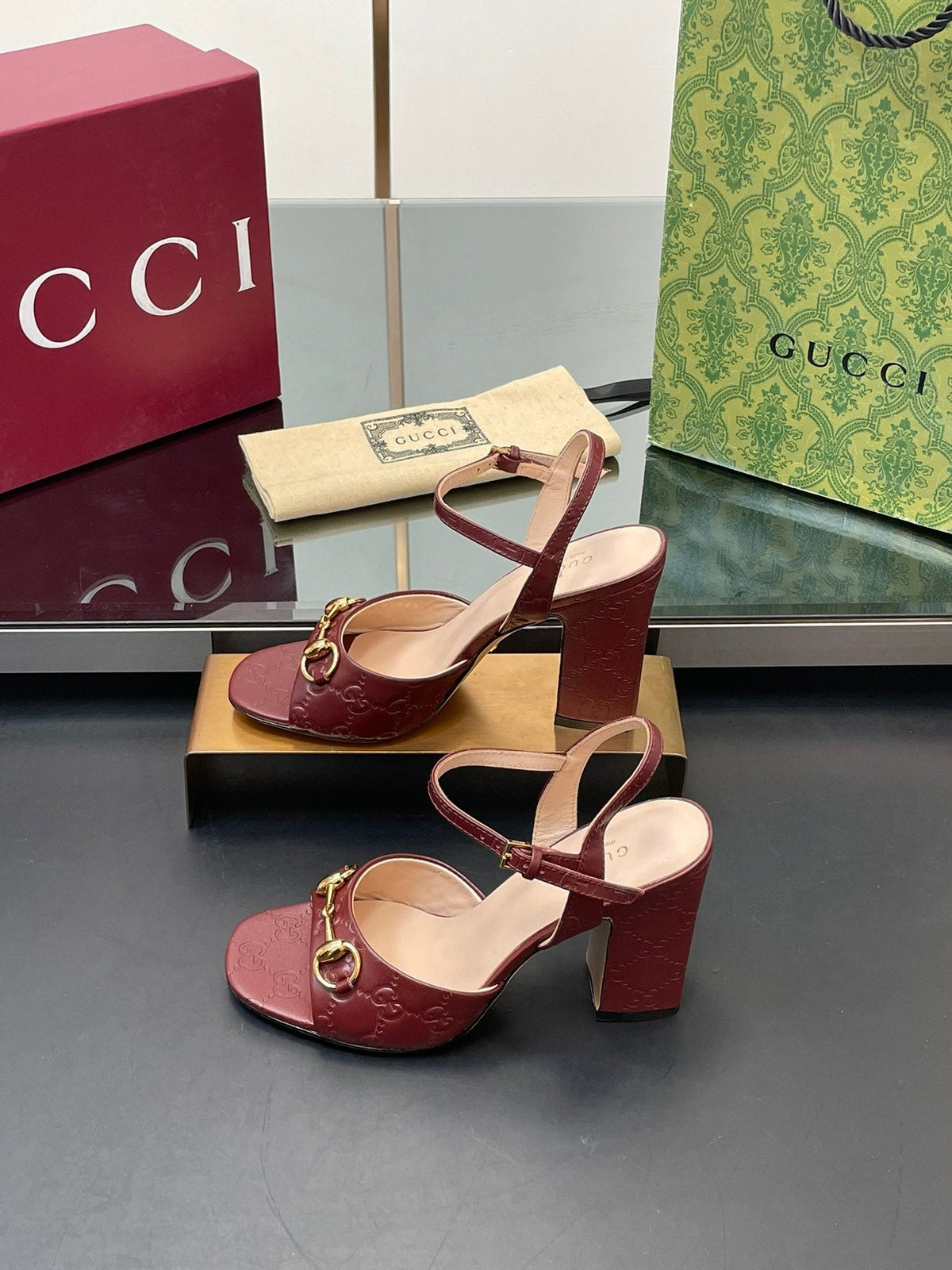 GG Women Horsebit Embossed High Heel Sandal Open Toe Burgundy Sheepskin 149227