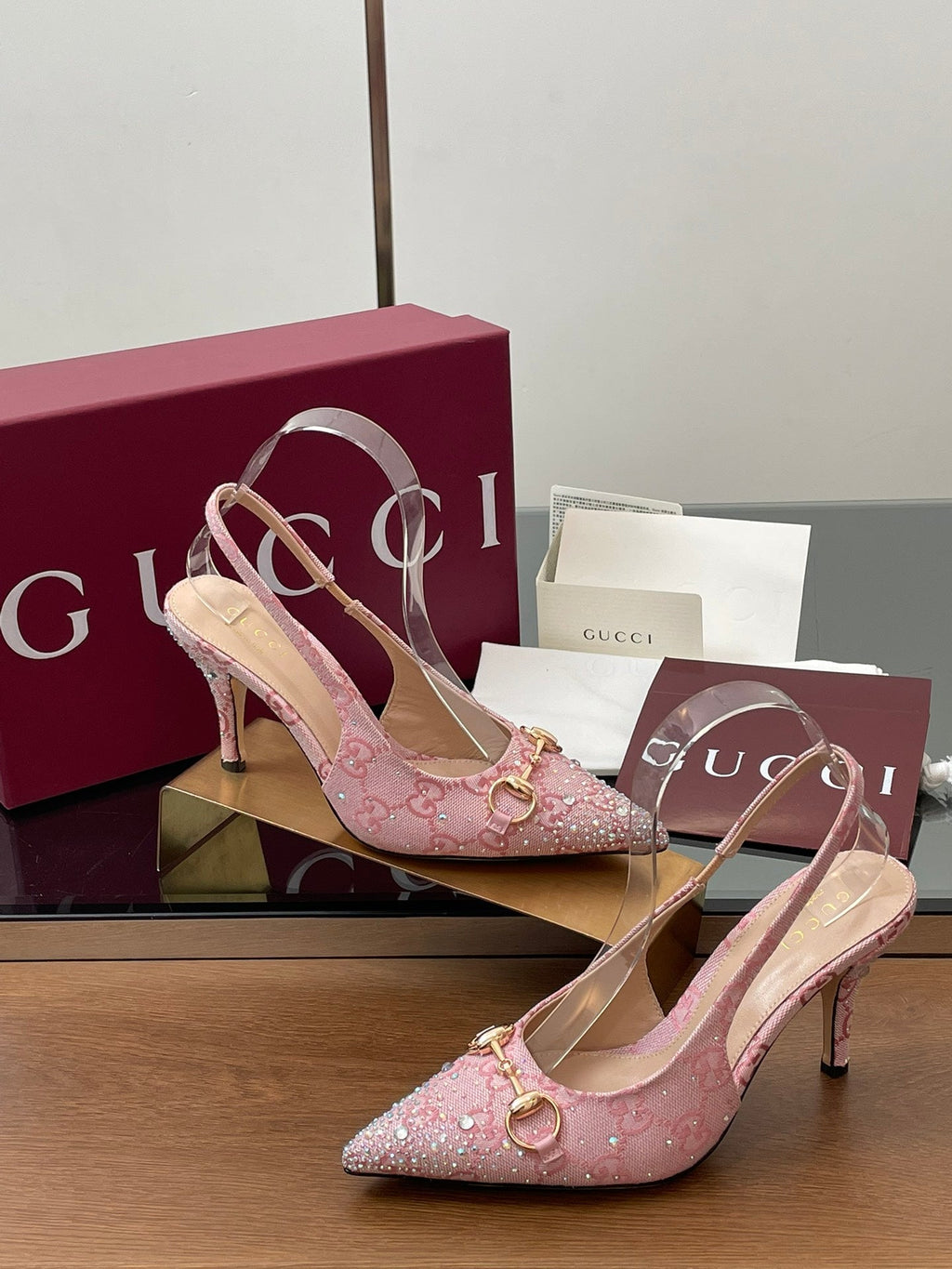 GG Horsebit Slingback 45MM Pink Ebony Monogram Canvas Point Toe Crystal-Embellished